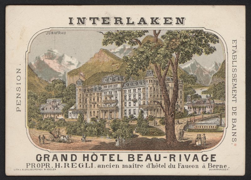 Grand Hotel Beau-Rivage, Interlaken (farvet gravering) af European School