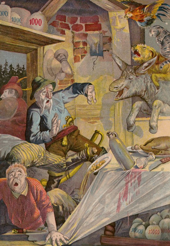 Grimms fortællinger: Musikerne fra Bremen (chromolitho) af European School