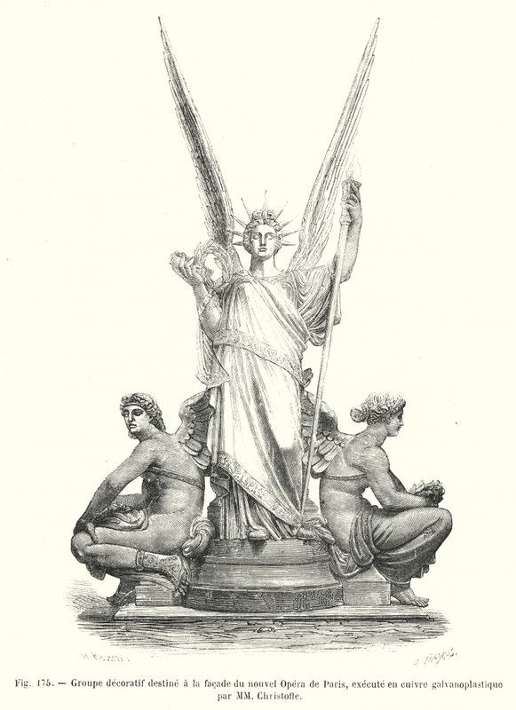 Dekorativ gruppe beregnet til facaden på den nye Paris Opera, udført i galvanoplastisk kobber af MM Christofle (gravering) af European School