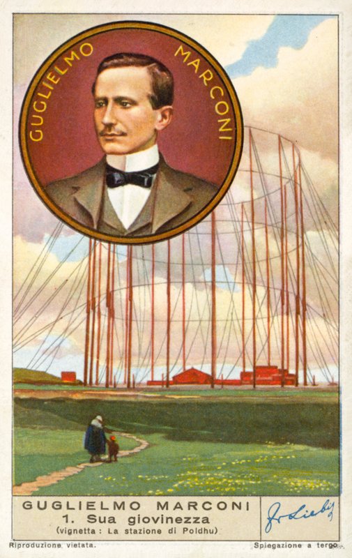 Guglielmo Marconi, italiensk opfinder og radiopioner, og hans radiostation i Poldhu, Cornwall (chromolitho) af European School