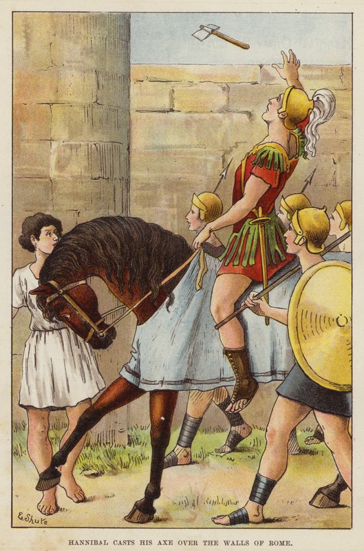 Hannibal kaster sin økse over Roms mure (chromolitho) af European School