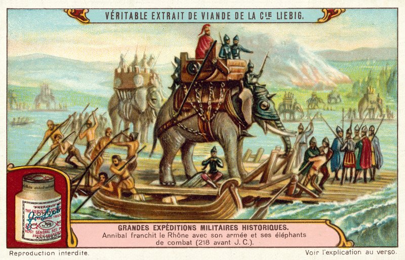 Hannibal krydser Rhone med sin hær og elefanter, 218 f.Kr. (chromolitho) af European School