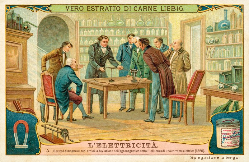 Hans Christian Ørsted viser sine venner magnetnålens afvigelse under påvirkning af en elektrisk strøm, 1820 af European School