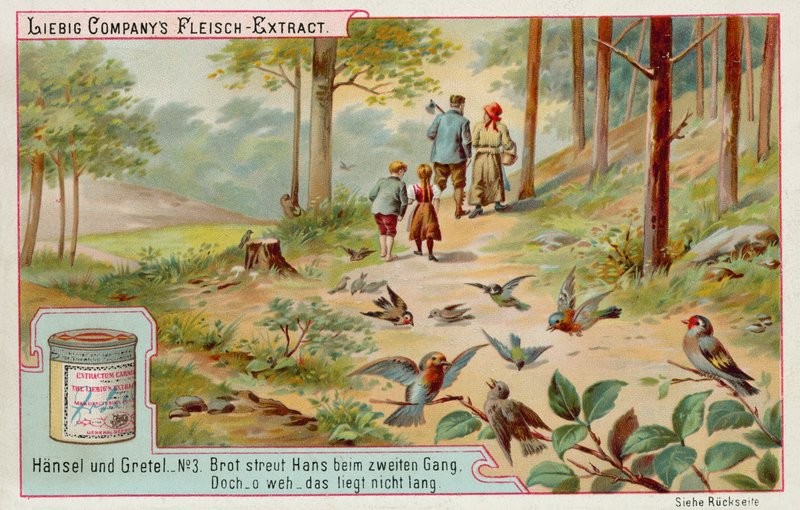 Hans og Grete: Fugle, der spiser sporet af brødkrummer efterladt af Hans for at finde vejen hjem (chromolitho) af European School