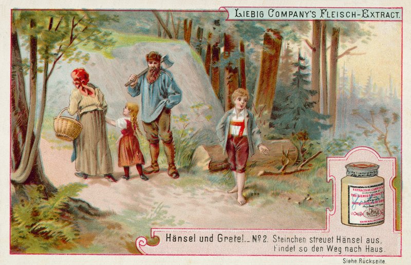 Hans og Grete: Hans efterlader et spor af småsten for at finde vejen hjem (chromolitho) af European School