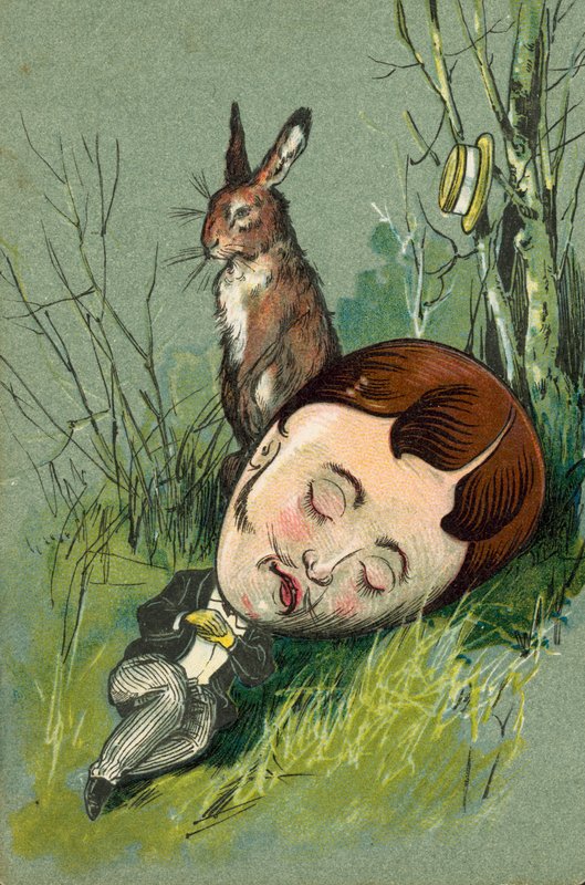 Hare sidder ved siden af en sovende mand på landet (chromolitho) af European School