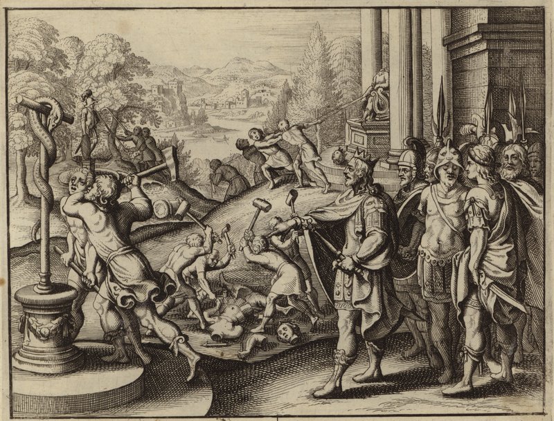Ezekias, Judas konge, genopretter Jerusalems tempel og ødelægger afguderne (gravering) af European School