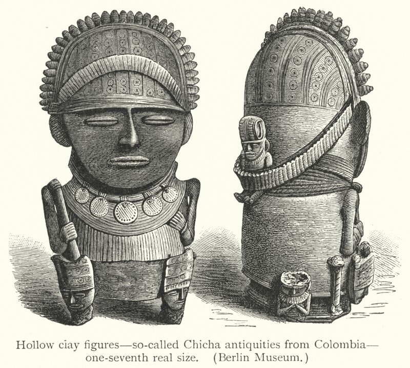Hule ciay-figurer, såkaldte Chicha-antikviteter fra Colombia (gravering) af European School