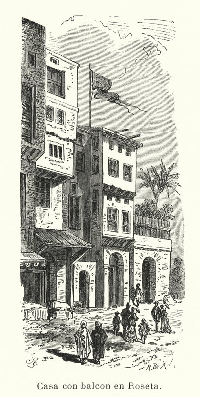 Hus med balkon i Rosetta, Egypten (litho) af European School
