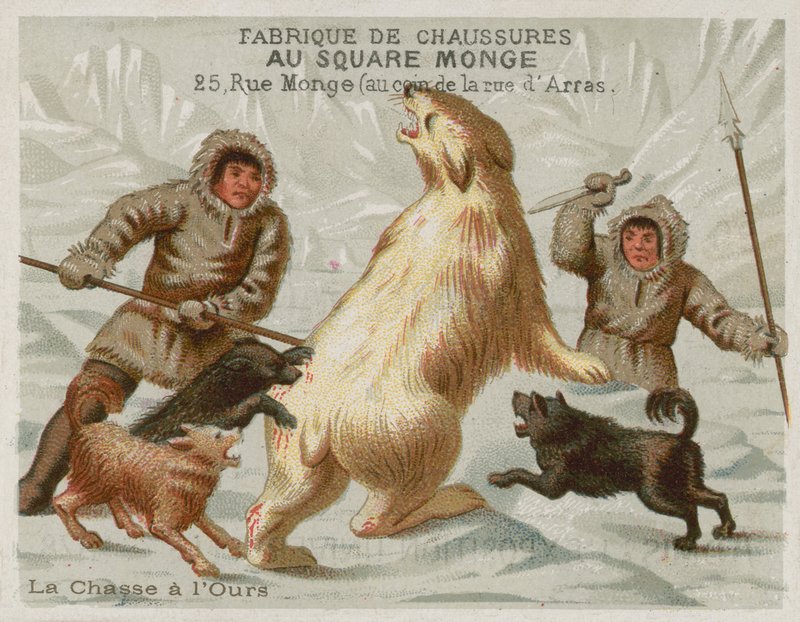 Jagt isbjørne med hunde (chromolitho) af European School