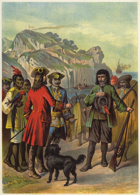 Illustration til Robinson Crusoe (farvelitografi) af European School