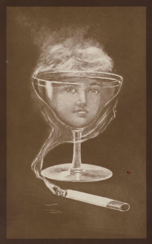 Billede af en kvindes ansigt, skabt af et vinglas og cigaretrøg, ca. 1917 (litografi) af European School