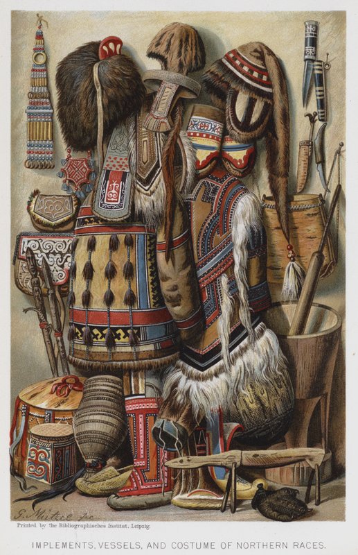 Redskaber, fartøjer og kostume af nordlige racer (chromolitho) af European School