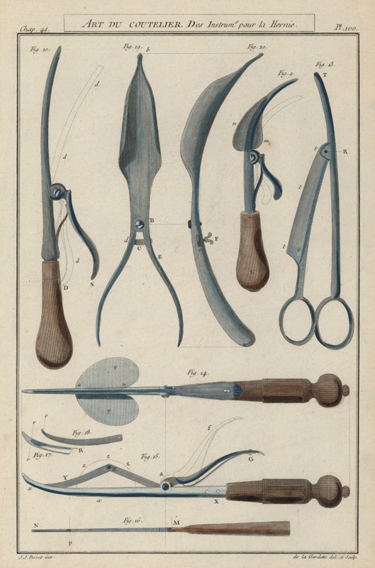 Instrumenter til brokkirurgi (farvet gravering) af European School