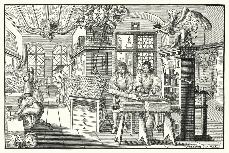 Interiør af et bogtrykkerværksted, c1676 (gravering) af European School