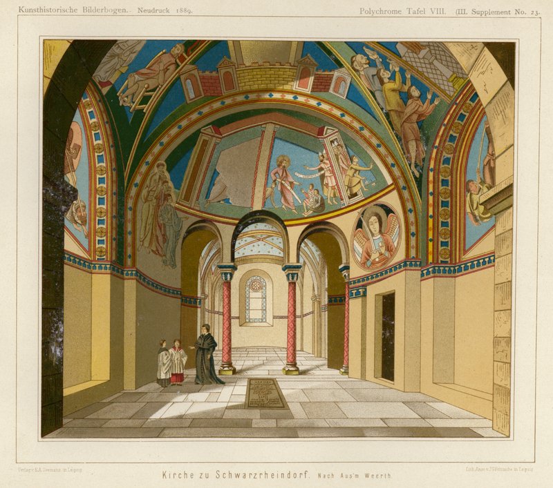 Interiør af Schwarzrheindorf-kirken, Bonn, Tyskland (farve litho) af European School