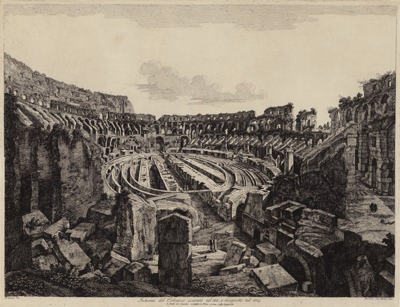 Interiør af Colosseum i Rom, udgravet i 1813 og åbnet i 1814 (gravering) af European School