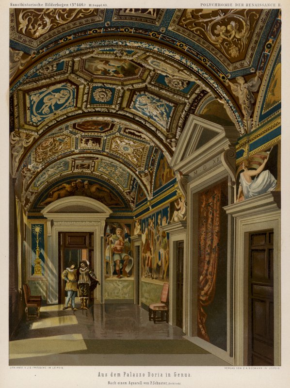 Interiør af Palazzo Doria, Genova, Italien (farve litho) af European School
