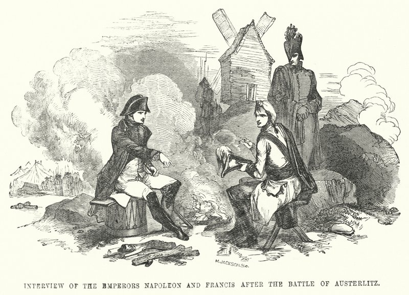 Interview af kejserne Napoleon og Frans efter slaget ved Austerlitz (gravering) af European School