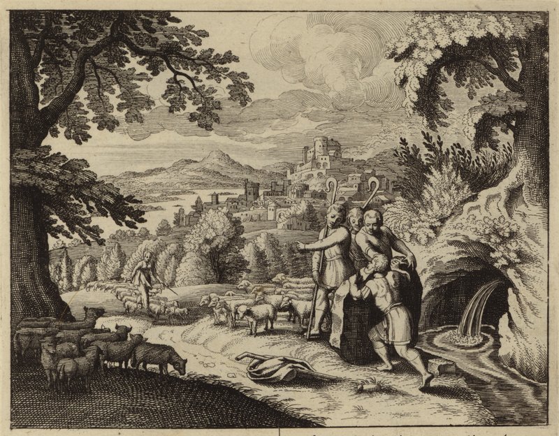 Jakob ruller stenen fra mundingen af brønden for at vande Labans får (gravering) af European School