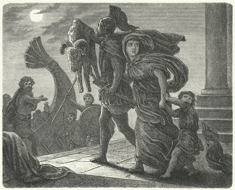 Jason flygter fra Colchis med Medea og det gyldne skind på Argo (gravering) af European School