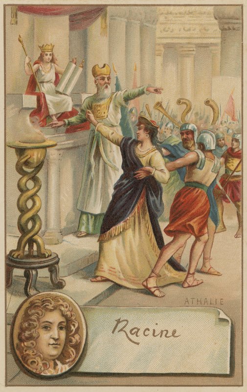 Jean Racine, fransk dramatiker, og en scene fra hans skuespil Athalie (1691) af European School