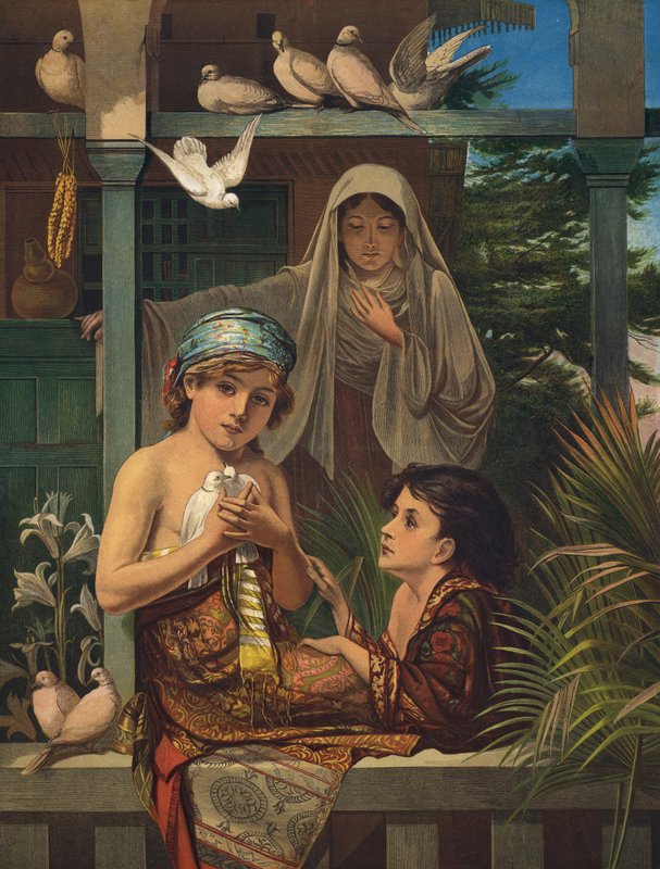 Jesus Kristus og Johannes Døberen som drenge, med Jomfru Maria (farvet indgravering) af European School