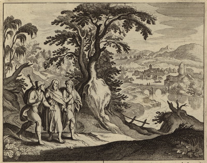Jesus Kristus viser sig for to disciple på vejen til Emmaus (gravering) af European School