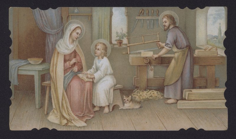 Jesus Kristus som dreng med sin mor, Maria, i Josefs snedkeri (chromolitho) af European School