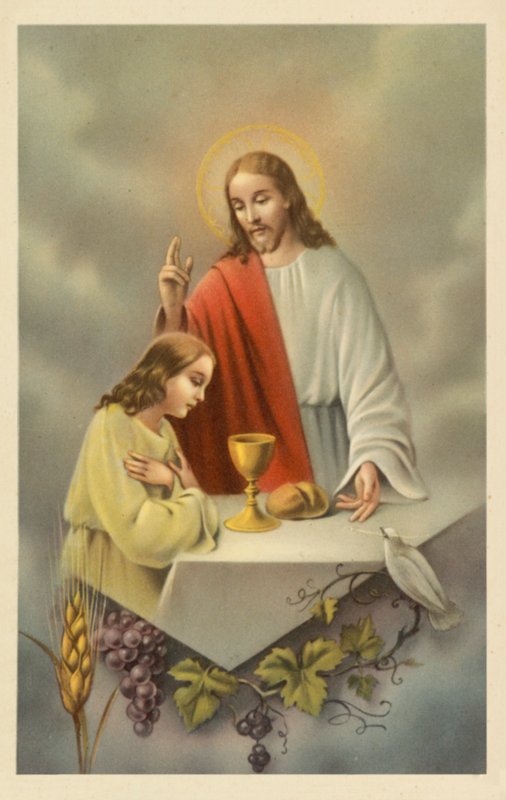 Jesus Kristus velsigner en pige, der går til nadver (farvelitografi) af European School
