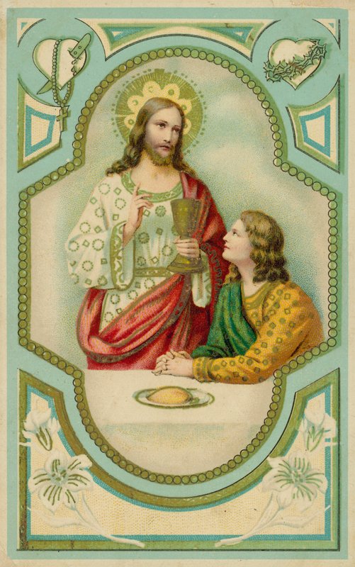 Jesus Kristus velsigner en mand, der tager imod nadveren (chromolitho) af European School