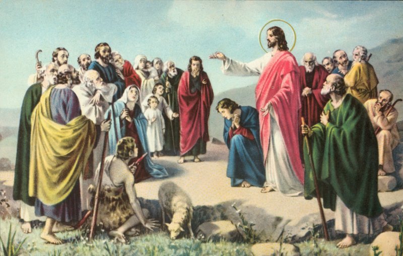 Jesus Kristus holder bjergprædikenen (farvelitografi) af European School