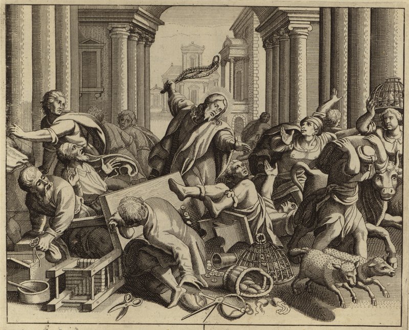 Jesus Kristus, der kører pengeudskiftere fra templet (gravering) af European School