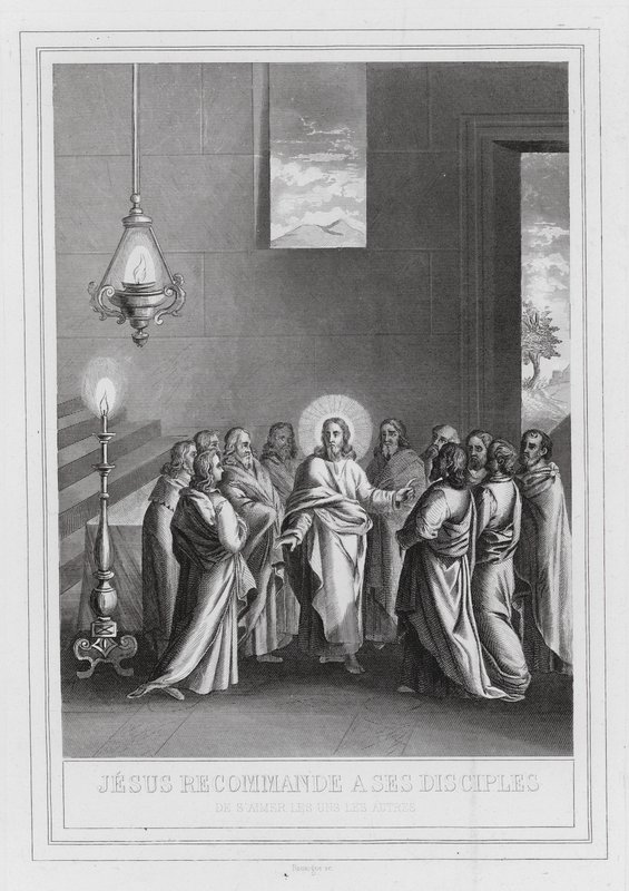 Jesus formaner sine disciple til at elske hinanden (gravering) af European School