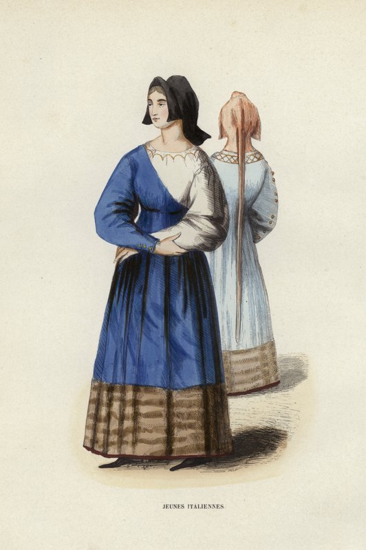 Italienske piger (farvet gravering) af European School