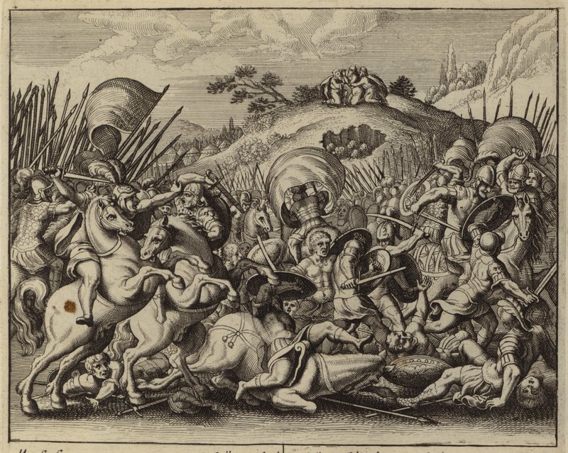 Josva og israelitterne besejrer amalekiterne, mens Moses beder på en bjergtop (gravering) af European School