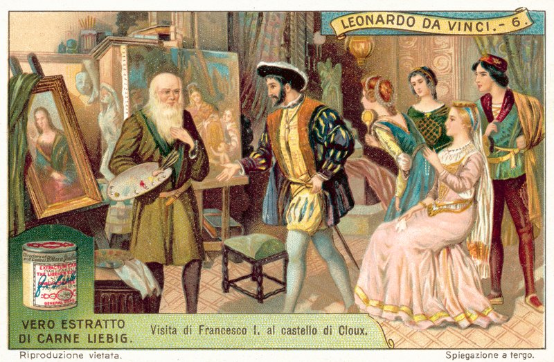 Kong Frans I af Frankrig besøger Leonardo da Vinci på Clos Luce (chromolitho) af European School