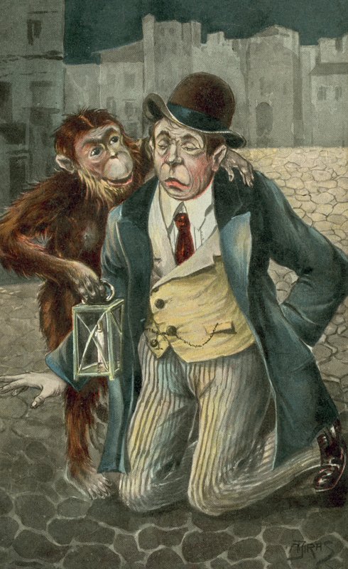 Knælende mand og chimpanse (farvelitografi) af European School