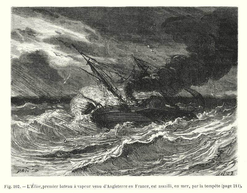 Elise, den første damper, der kom fra England til Frankrig, bliver angrebet på havet af stormen (gravering) af European School