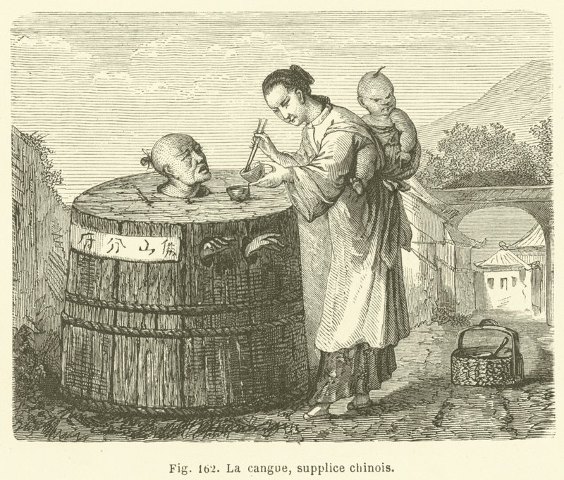 Cangue, kinesisk tortur (gravering) af European School