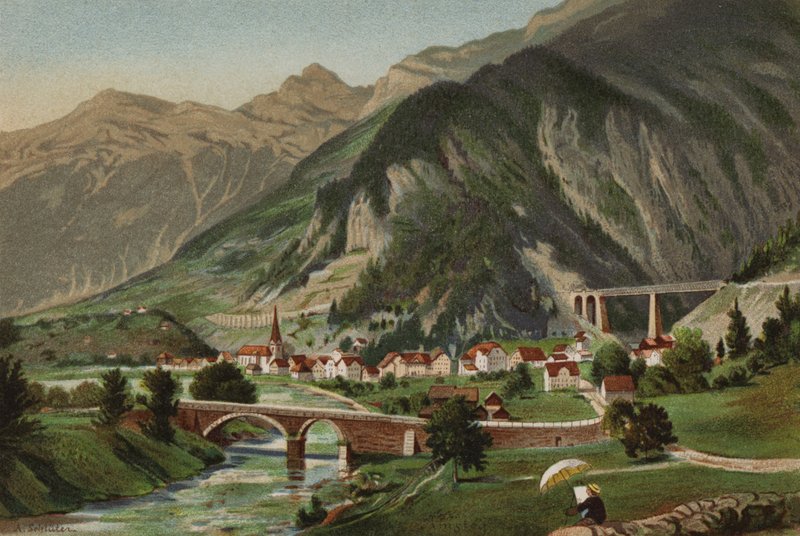 Luzern-søen: Amsteg (farvelitografi) af European School