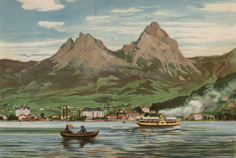 Vierwaldstättersee: Brunnen (farve litho) af European School