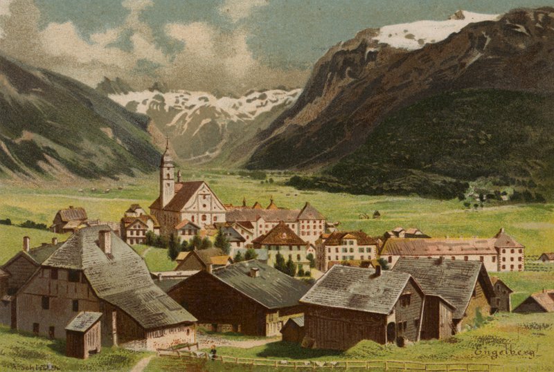 Lucerne-søen: Engelberg (farvelitografi) af European School