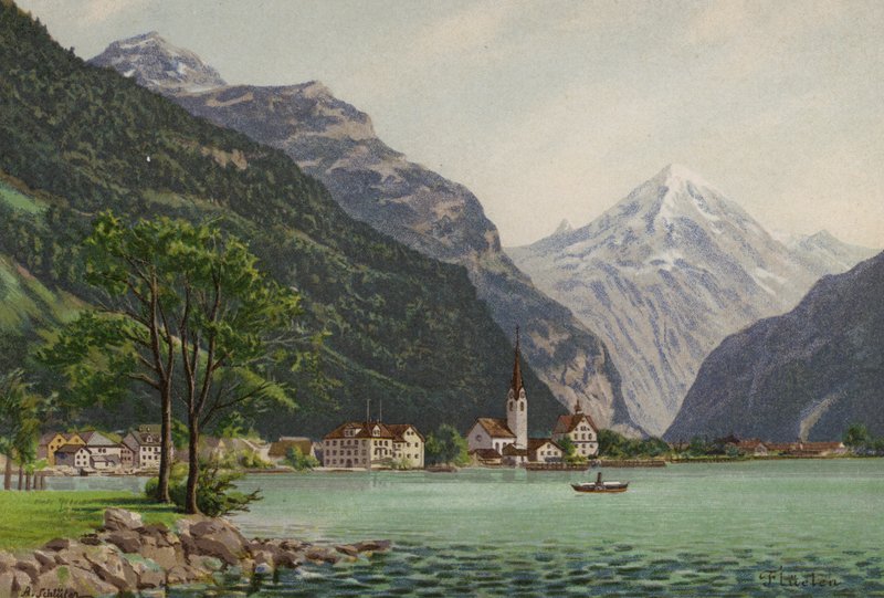 Lucerne-søen: Fluelen (farvelitografi) af European School