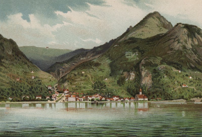 Lucerne-søen: Gersau (farvelitografi) af European School