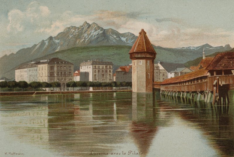 Lucerne-søen: Pilatusbjerget (farvelitografi) af European School