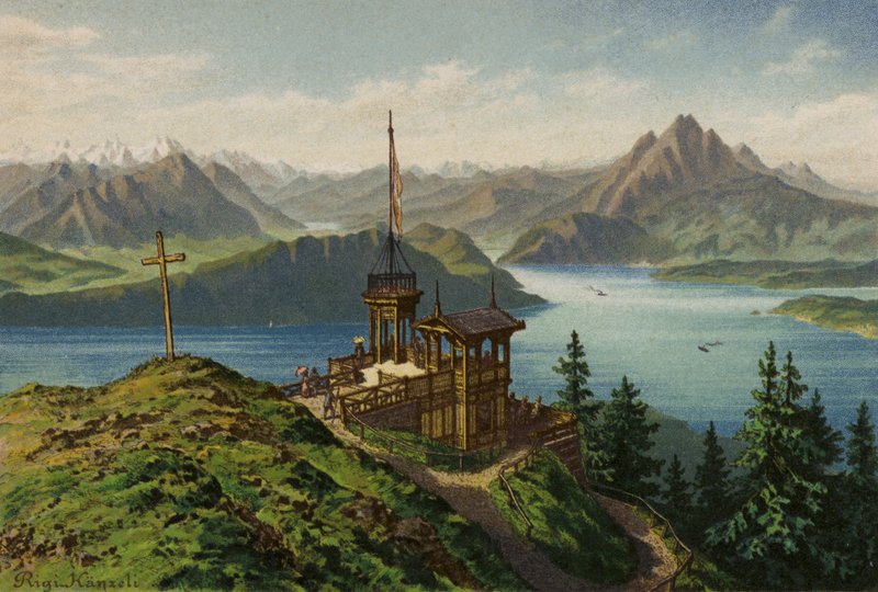 Lucerne-søen: Rigi-Kanzeli (farvelitografi) af European School