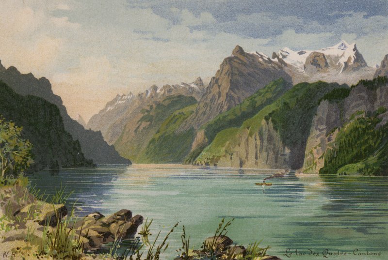 Lucerne-søen: Søen i de fire kantoner (farvelitografi) af European School