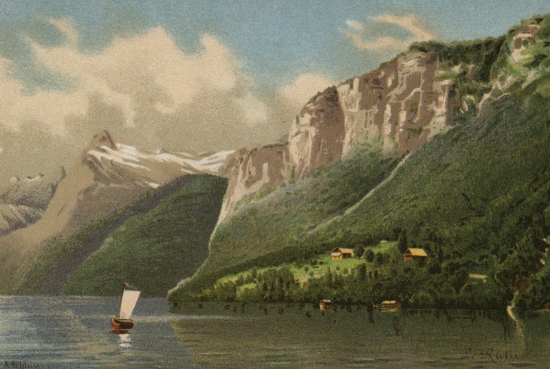 Lucerne-søen: Rutli (farvelitografi) af European School