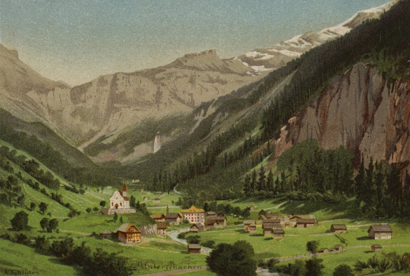 Lucerne-søen: Unterschachen (farvelitografi) af European School